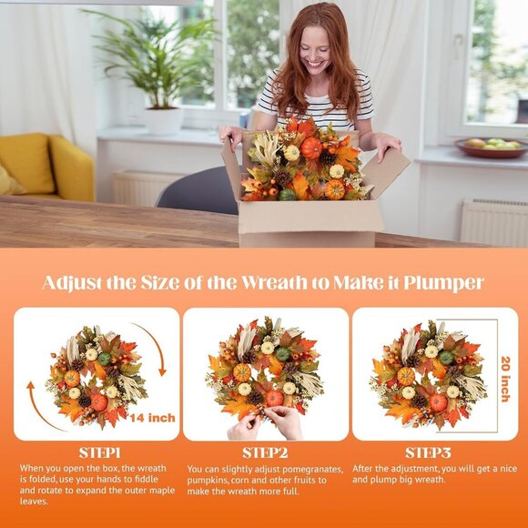 Fall Wreaths for Front Door, 20inchs Autumn Wreath with Hangers Pumpkin Maple Au - Picture 4 of 7
